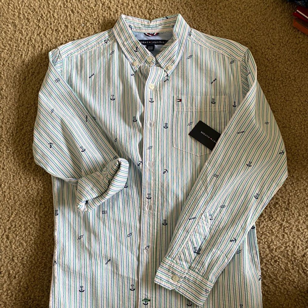 Boys Colorful Striped Tommy Hilfiger Anchor Long Sleeve Button Down Shirt NWT